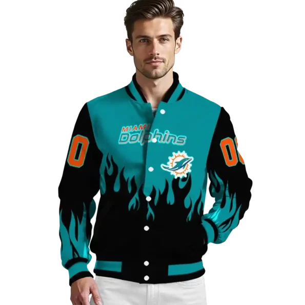 personalized miami dolphins flame border aqua black varsity jacket high quality