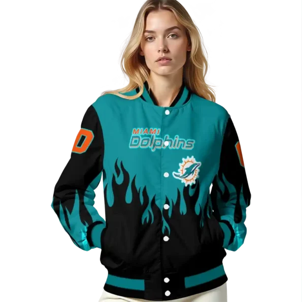 personalized miami dolphins flame border aqua black varsity jacket latest model