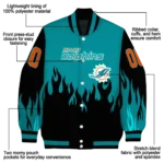 personalized miami dolphins flame border aqua black varsity jacket best selling