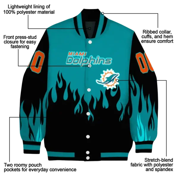 personalized miami dolphins flame border aqua black varsity jacket new arrival