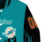 personalized miami dolphins flame border aqua black varsity jacket best selling