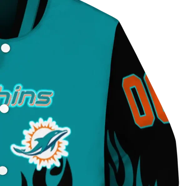 personalized miami dolphins flame border aqua black varsity jacket premium grade