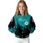 personalized miami dolphins flame border aqua black varsity jacket best selling