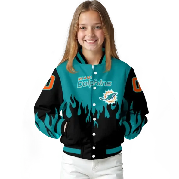 personalized miami dolphins flame border aqua black varsity jacket top rated