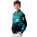 personalized miami dolphins flame border aqua black varsity jacket best selling