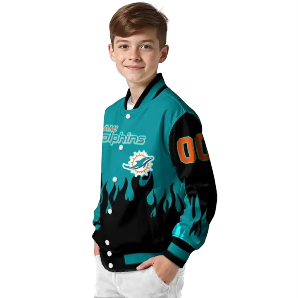 personalized miami dolphins flame border aqua black varsity jacket trendy