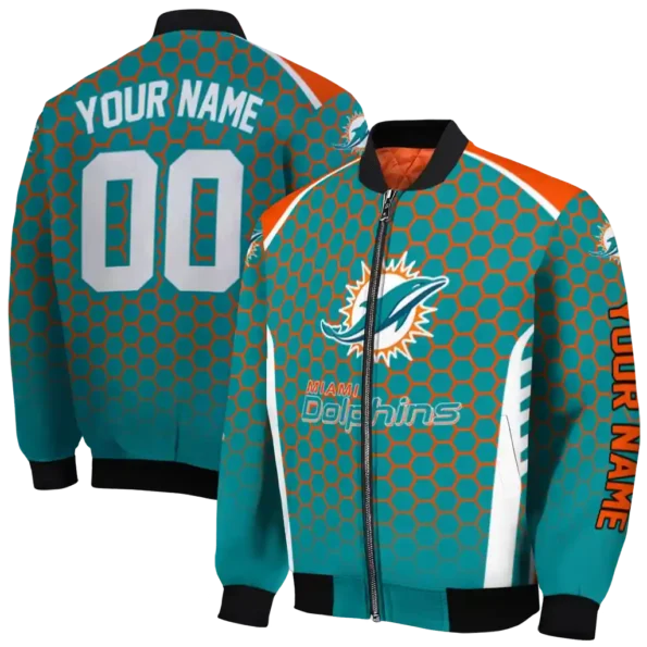 personalized miami dolphins hexagon grid aqua bomber jacket fashion forward