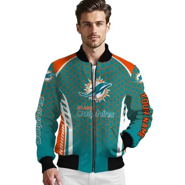 personalized miami dolphins hexagon grid aqua bomber jacket high quality