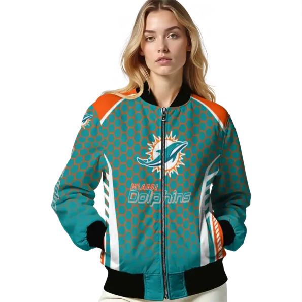 personalized miami dolphins hexagon grid aqua bomber jacket latest model