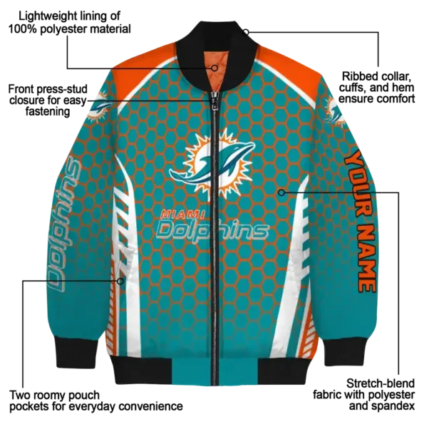 personalized miami dolphins hexagon grid aqua bomber jacket new arrival