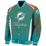 personalized miami dolphins hexagon grid aqua varsity jacket best selling