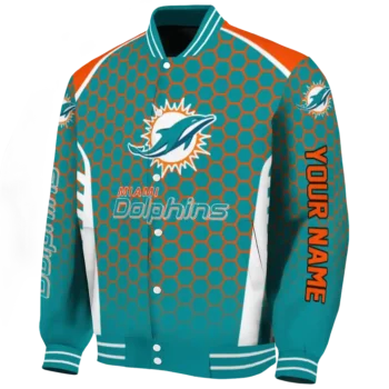 personalized miami dolphins hexagon grid aqua varsity jacket best selling