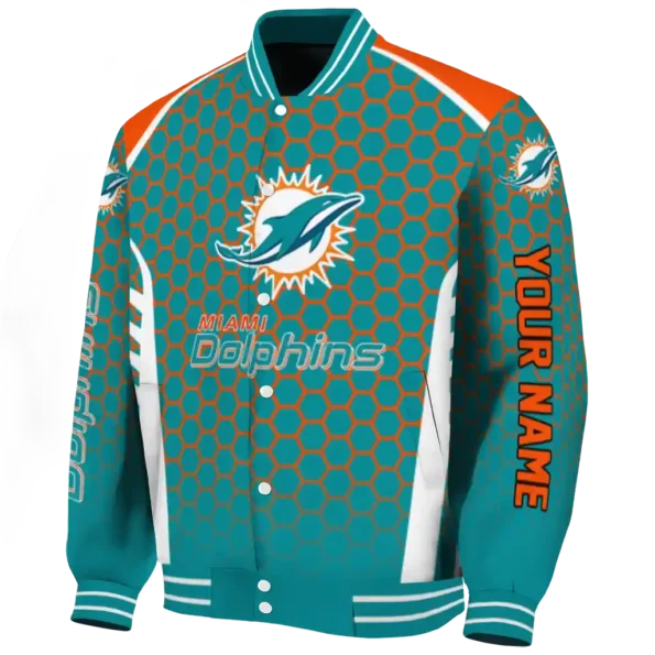 personalized miami dolphins hexagon grid aqua varsity jacket best selling