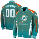 personalized miami dolphins hexagon grid aqua varsity jacket best selling