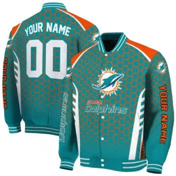 personalized miami dolphins hexagon grid aqua varsity jacket fashion forward