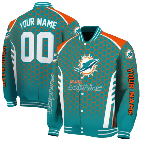 personalized miami dolphins hexagon grid aqua varsity jacket fashion forward