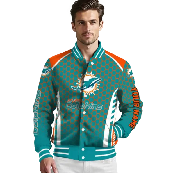 personalized miami dolphins hexagon grid aqua varsity jacket high quality