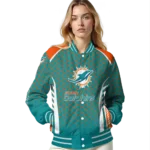 personalized miami dolphins hexagon grid aqua varsity jacket best selling