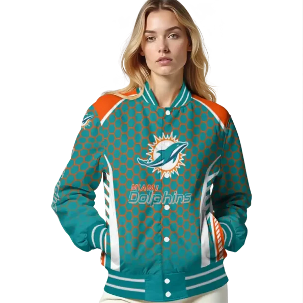 personalized miami dolphins hexagon grid aqua varsity jacket latest model