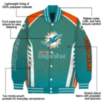 personalized miami dolphins hexagon grid aqua varsity jacket best selling