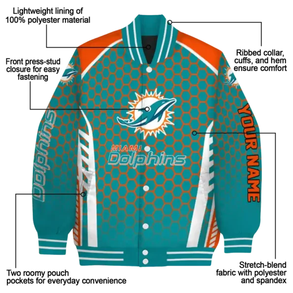 personalized miami dolphins hexagon grid aqua varsity jacket new arrival