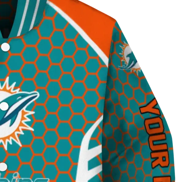 personalized miami dolphins hexagon grid aqua varsity jacket premium grade
