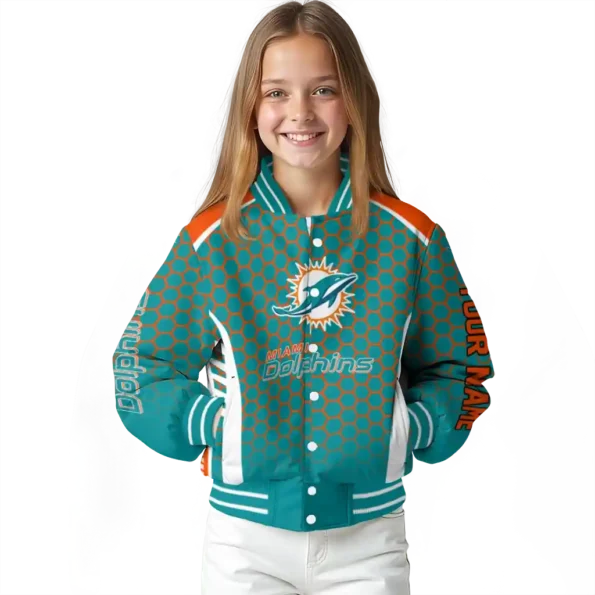 personalized miami dolphins hexagon grid aqua varsity jacket top rated
