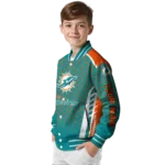 personalized miami dolphins hexagon grid aqua varsity jacket best selling