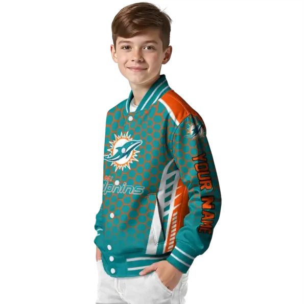 personalized miami dolphins hexagon grid aqua varsity jacket trendy