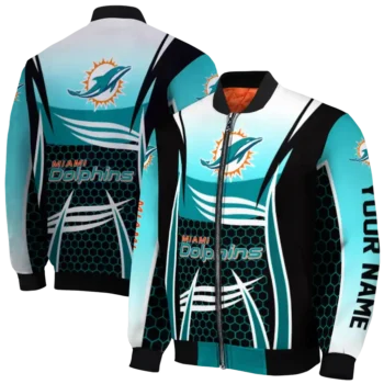 personalized miami dolphins mesh effect aqua black bomber jacket fashion forward