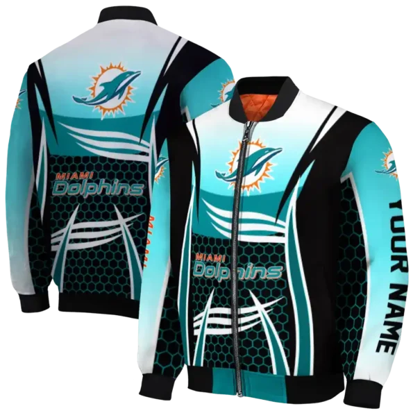 personalized miami dolphins mesh effect aqua black bomber jacket fashion forward