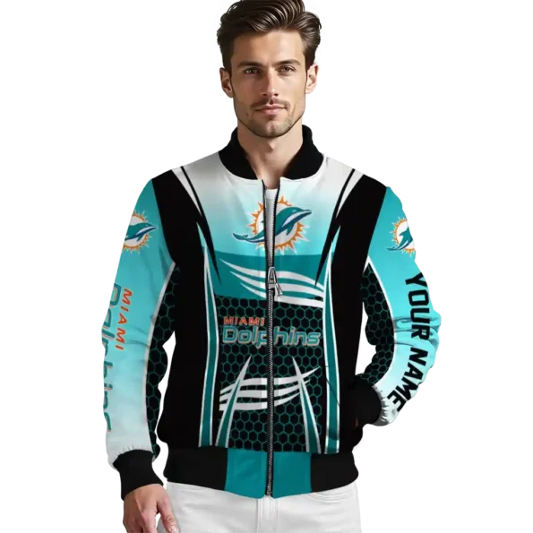 personalized miami dolphins mesh effect aqua black bomber jacket high quality
