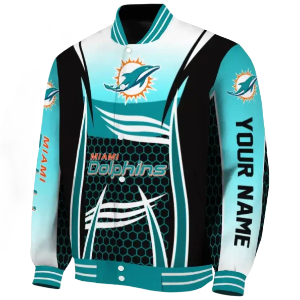 personalized miami dolphins mesh effect aqua black varsity jacket best selling