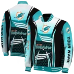 personalized miami dolphins mesh effect aqua black varsity jacket best selling
