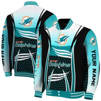 personalized miami dolphins mesh effect aqua black varsity jacket fashion forward