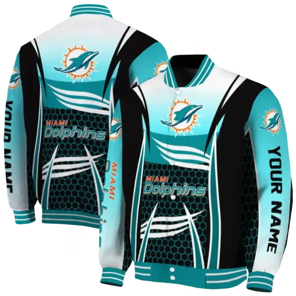 personalized miami dolphins mesh effect aqua black varsity jacket fashion forward