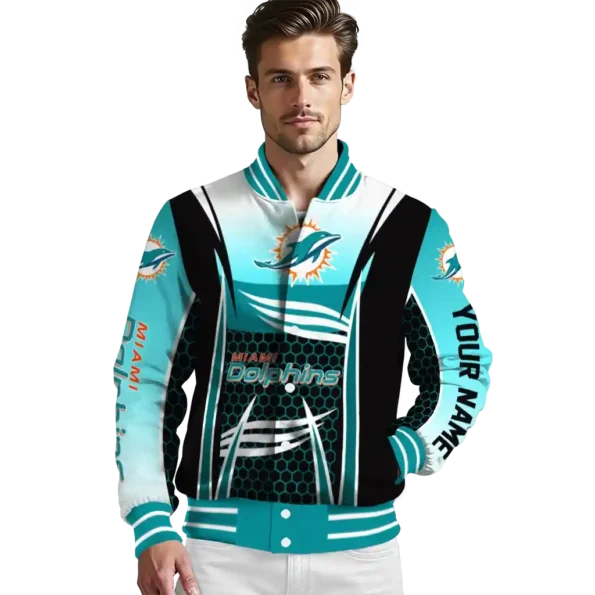 personalized miami dolphins mesh effect aqua black varsity jacket high quality