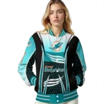personalized miami dolphins mesh effect aqua black varsity jacket best selling