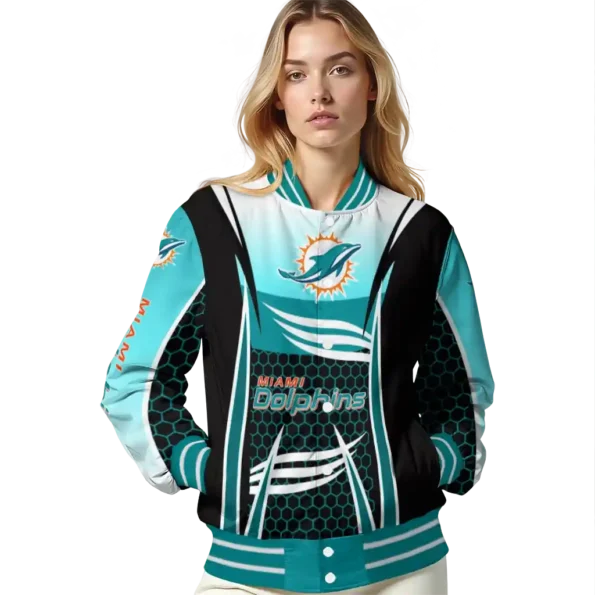 personalized miami dolphins mesh effect aqua black varsity jacket latest model