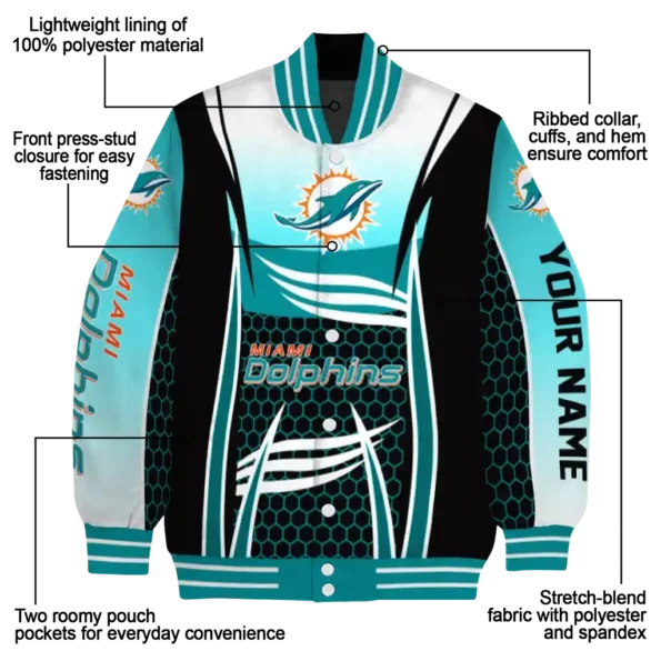 personalized miami dolphins mesh effect aqua black varsity jacket new arrival
