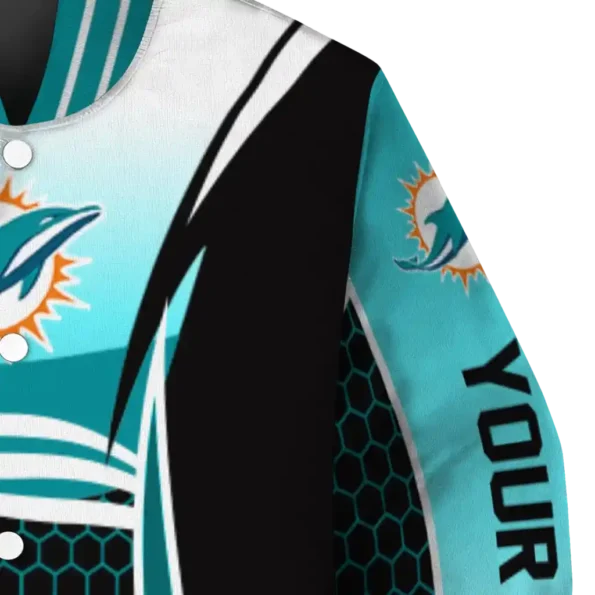 personalized miami dolphins mesh effect aqua black varsity jacket premium grade