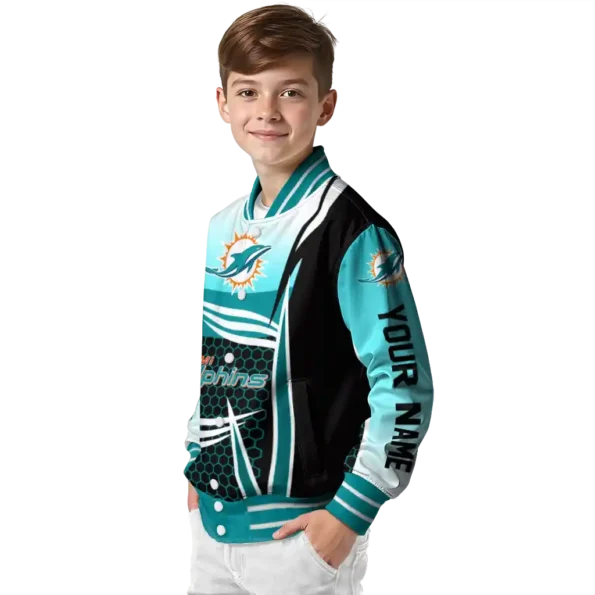 personalized miami dolphins mesh effect aqua black varsity jacket trendy