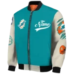 personalized miami dolphins razorback outline aqua nude bomber jacket best selling