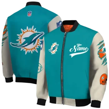 personalized miami dolphins razorback outline aqua nude bomber jacket fashion forward