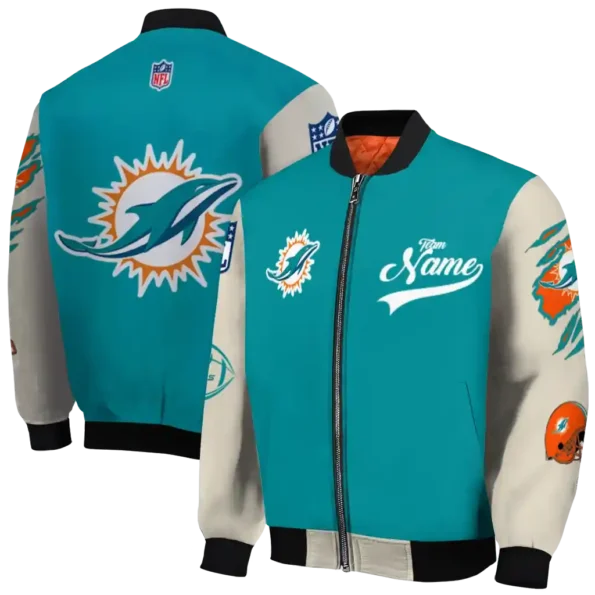 personalized miami dolphins razorback outline aqua nude bomber jacket fashion forward