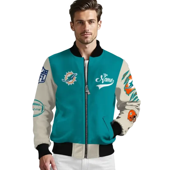 personalized miami dolphins razorback outline aqua nude bomber jacket high quality