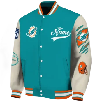 personalized miami dolphins razorback outline aqua nude varsity jacket best selling