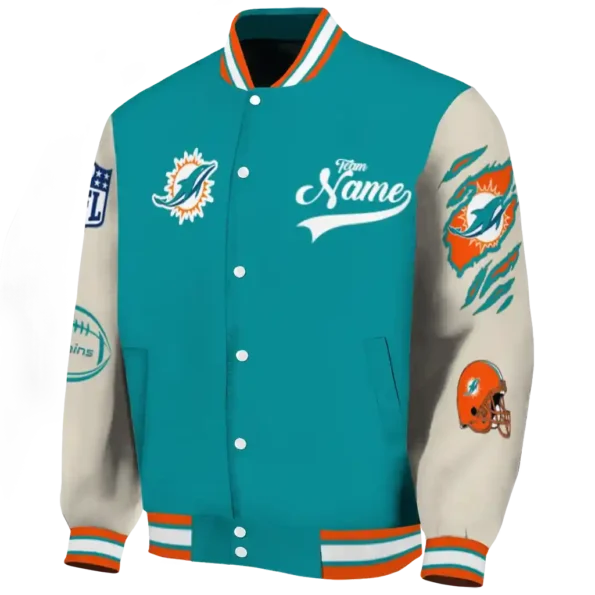 personalized miami dolphins razorback outline aqua nude varsity jacket best selling