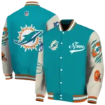 personalized miami dolphins razorback outline aqua nude varsity jacket best selling