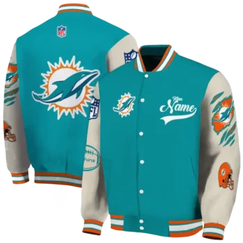 personalized miami dolphins razorback outline aqua nude varsity jacket fashion forward